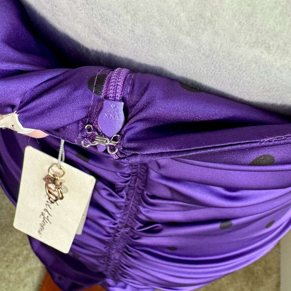NWT: For Love & Lemons "Paula" Ruched Bodycon Dress, Satin/Royal Purple - Picture 8 of 9